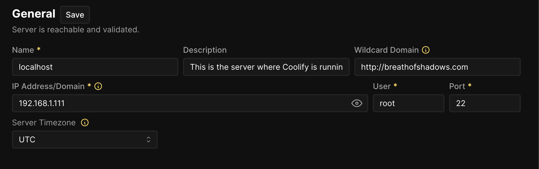 Screenshot da configuração Coolify