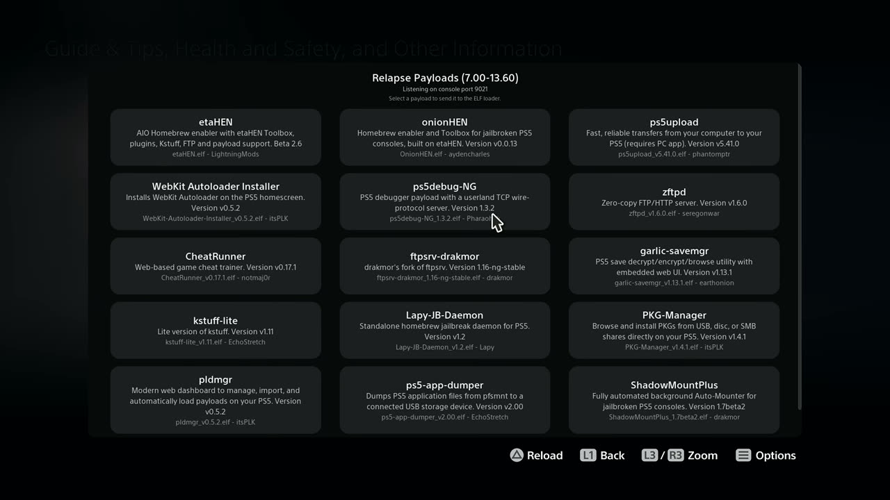 Página de payloads depois do jailbreak