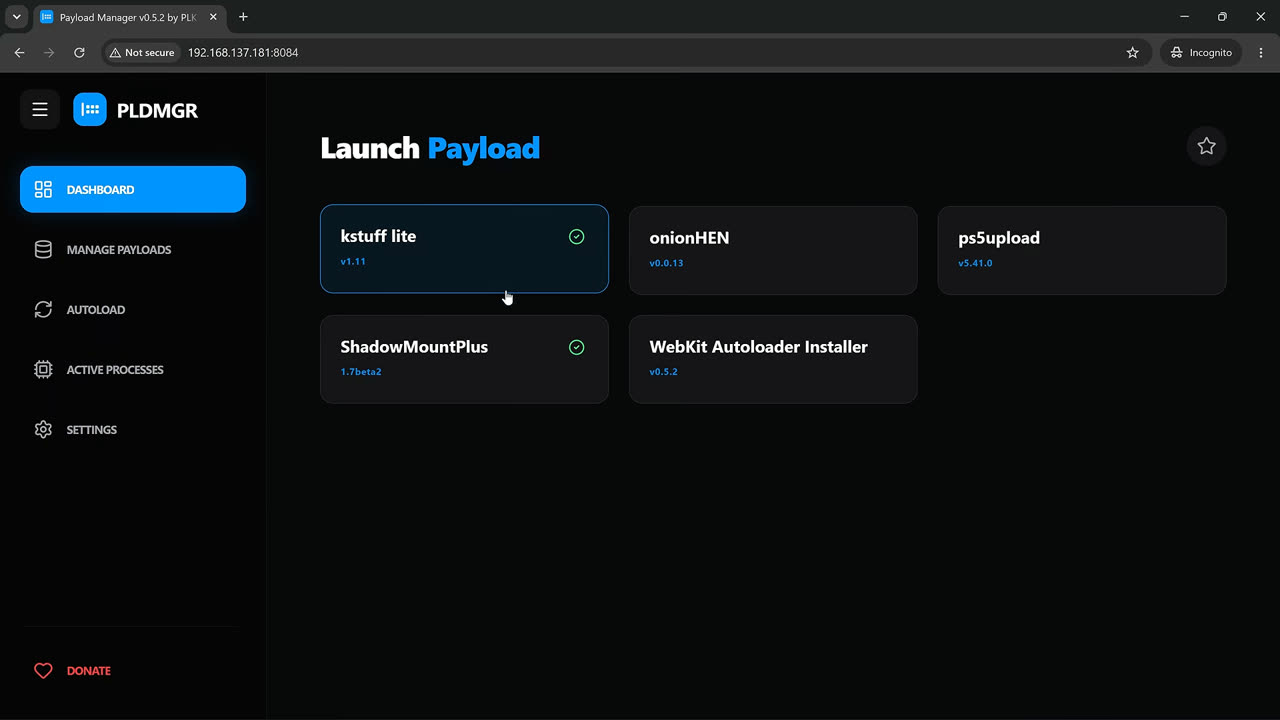 Payload Manager acessado pelo navegador do PC