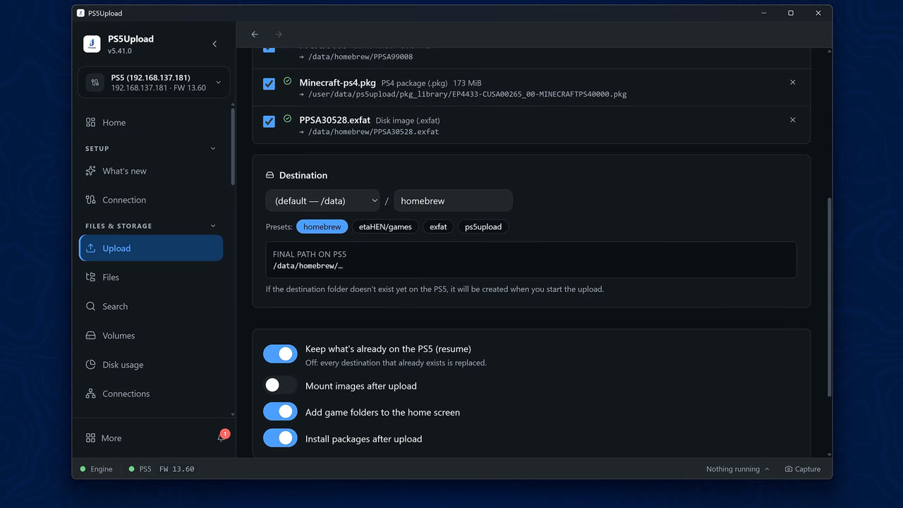Tela de upload do PS5Upload com destino homebrew
